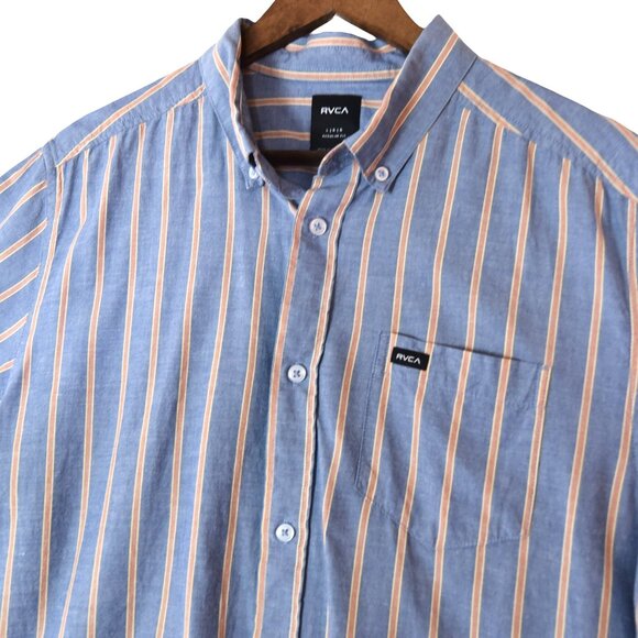RVCA Blue Stripe Button-Up Shirt Men’s L Coastal Preppy Surfcore Pocket - Picture 1 of 7